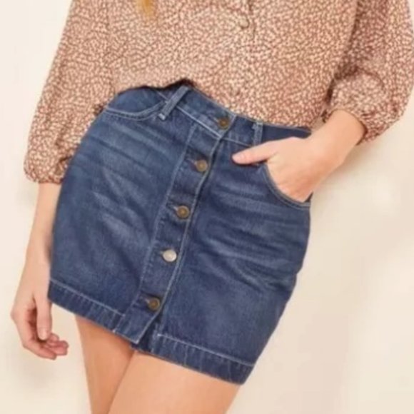 Reformation Alison Denim Jean Button Front Mini Skirt Womens Sz 29 - Picture 1 of 11
